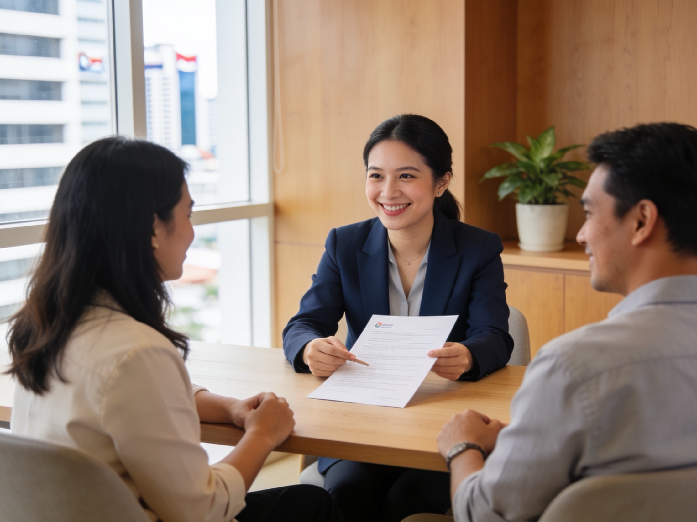 A PVIP advisor in a navy blazer presenting a document to a couple in a wood-panelled office