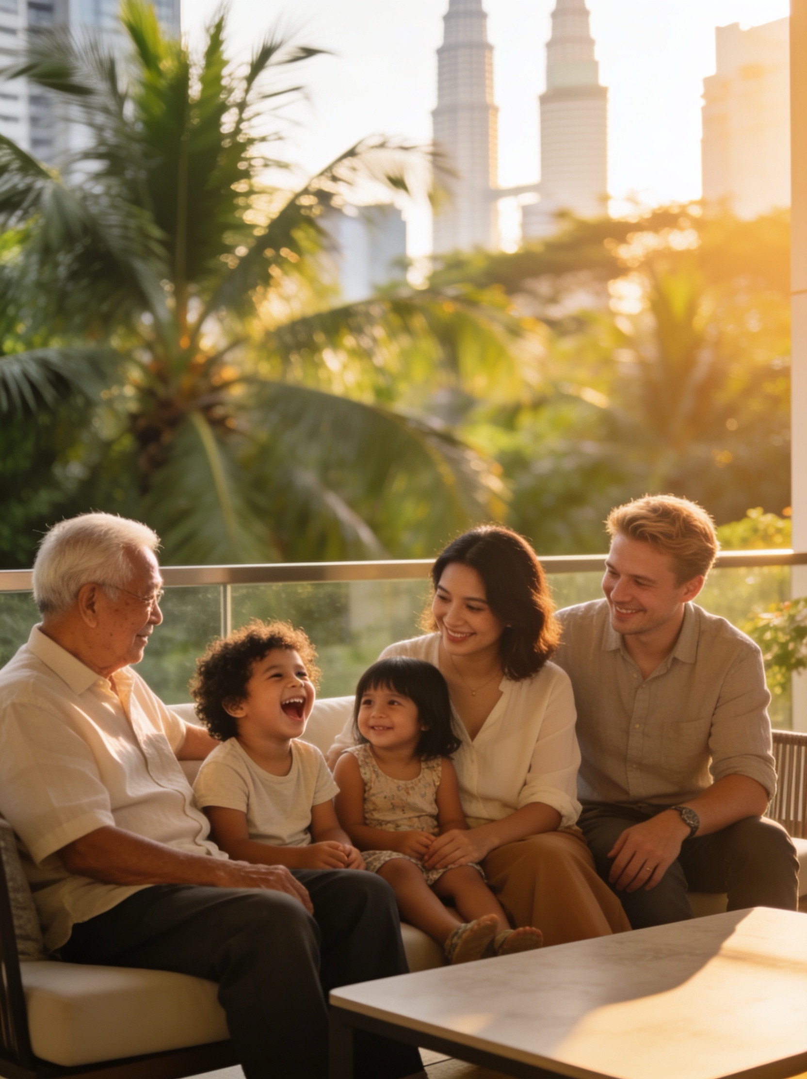Multigenerational family relaxing on a Kuala Lumpur balcony at golden hour, with the Petronas Towers in the background